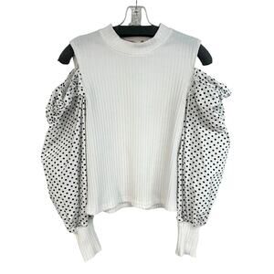 JJ's Fairyland White & Black Polka Dot Cold Shoulder Knit Top Womens Large